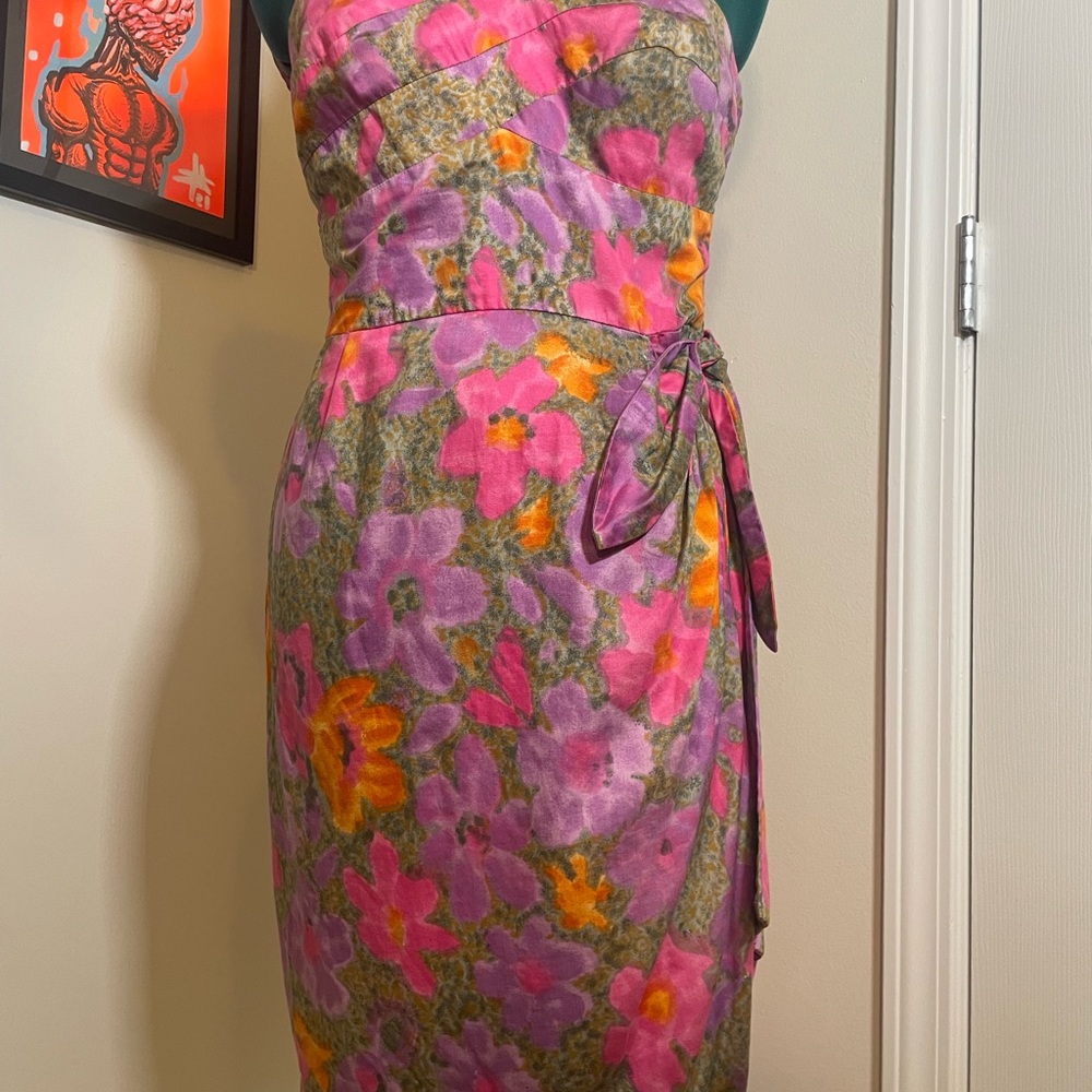 Vintage Tori Richard Pink and Orange Floral Tiki Pinup Dress 1960s